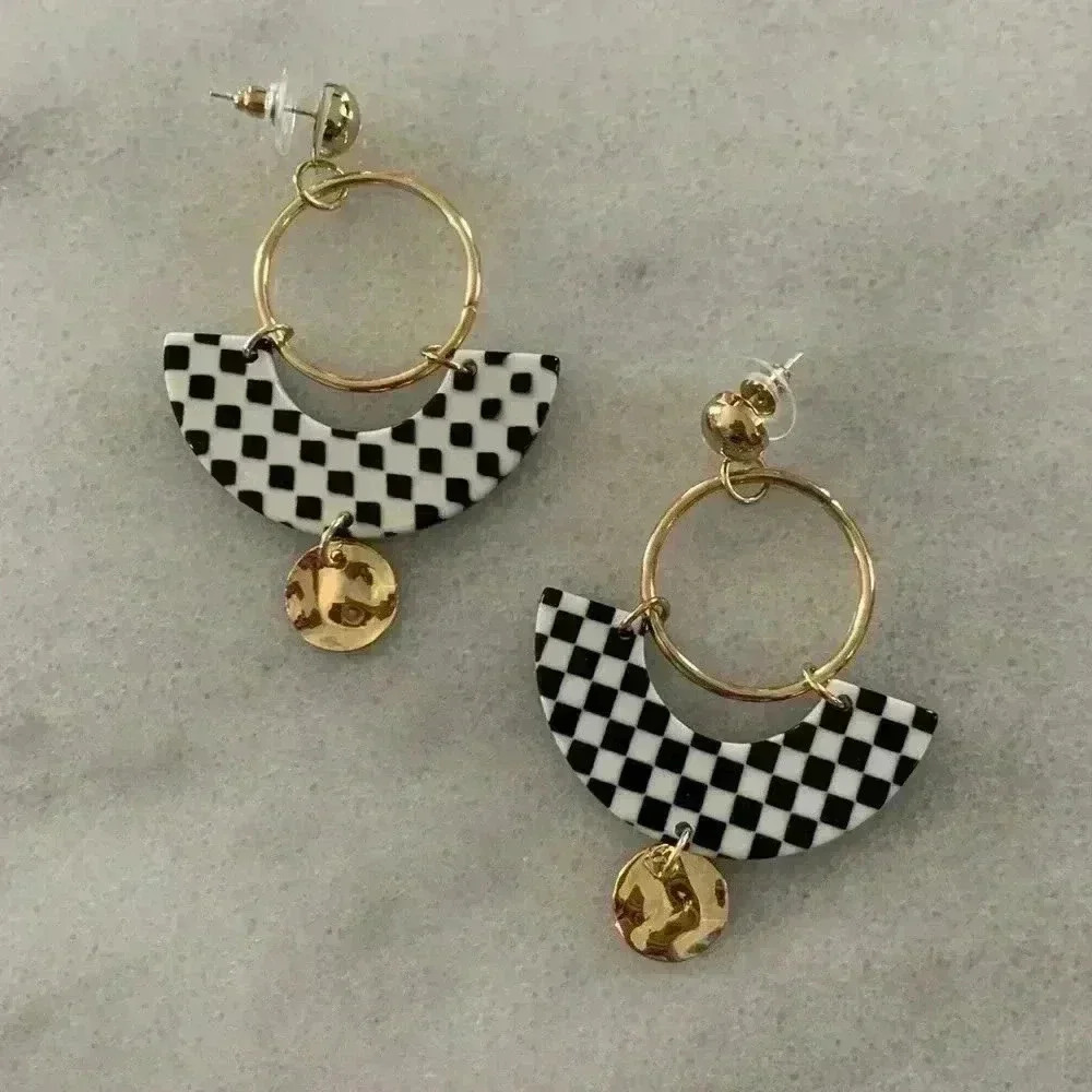 Gold Acrylic Black White Check Earrings
